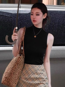 chaqi | Elegant French Black Halter Neck Knitted Vest Summer Outerwear Ice Silk Sleeveless Top Slim Fit Commute Style Pure Color