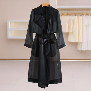 Light and Breathable Side-Slit Layered Belted Trench Coat