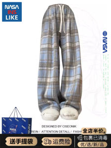 High Waist Fleece Lined Tweed Plaid Pants Womens Casual Wide Leg Sweatpants Autumn Winter New Style Korean Style Commute