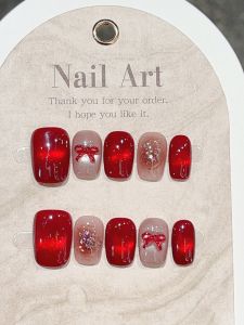 New Year Red Flash High-End Cat Eye Nails White Enhancing Cool Trendy Girl Ice Transparent Glass Bead Handmade Wearable Nails