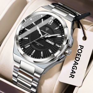 POEDAGAR Fashion Men Wristwatch Stainless Steel Waterproof Luminous Man Clock Date Week Quartz Business Mens Watches Male Reloj