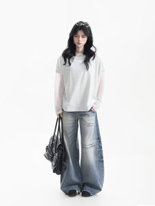 zuocisankon | Creative Mesh Paneling Striped Hooded Long Sleeve T-Shirt Lightweight Loose Fit