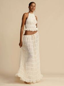 Halter Lace-Up Neck Top Set & Chiffon Pleated Long Skirt