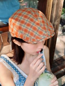หมวกเบเร่ต์ลายสก็อตสไตล์ย้อนยุค ZHIWU สำหรับผู้หญิง หมวกเบเร่ต์ทรงปากเป็ด หมวกฤดูร้อน หมวกแฟชั่น หมวกทรงปกติ หมวกผ้าฝ้าย