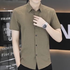 New 2025 Mens Slim Fit Ice Silk Short Sleeve Shirt Casual Thin No Ironing Required Summer Business Casual Pure Color Shirt