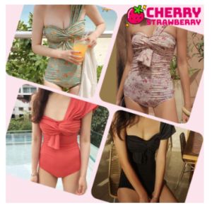 ชุดว่ายน้ําไปทะเล ชุดว่ายน้ําวันพีช งานรัดรูป ดีไซน์ปาดไหล่ ผูกโบว์ สีพื้น มีขนาดให้เลือก