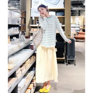 YUEZHONGWEI | Blue Striped Ice Silk Knitted Summer Thin Long Sleeve Womens T-shirt Air Conditioning Shirt Face Mask Loose Fit Commute Style