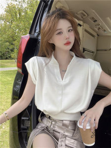 GUZILIAN | Korean Style Casual Loose Short Sleeve T-Shirt Womens Pure Desire Half Open Collar Top Thin Summer Slim Fit Shoulder Short