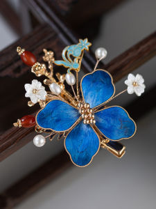 Handmade Blue Velvet Flower Hairpin Elegant Hair Accessories for Women Original Design Qing Han Style Side Clip for Qipao And Ma Face Skirt