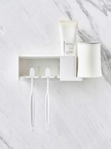 Home Use Adhesive Toothbrush Holder Wall Mounted Toothpaste Cup Organizer Removable Dental Kit Rack Bathroom Storage Shelf