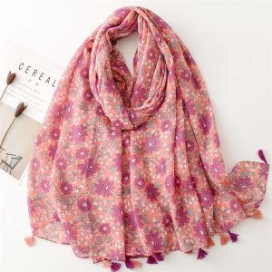 Pink Floral Travel Beach Cotton Linen Feel Bali Silk Scarf Shawl Air Conditioning Shoulder Wrap Polyester Fabric Spring Autumn