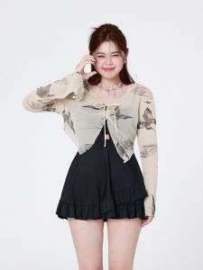 plus Size One Piece Swimsuit Womens Long Sleeve Thermal Spa Butterfly Effect Slimming High End Feeling Polyester Bikini