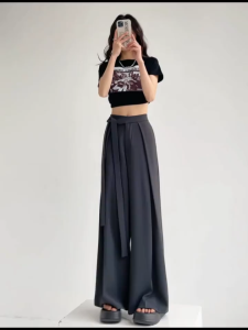 Suit Pants High Waist Elastic Waist Women Plain Long Panst Korean Wide Leg Trousers
