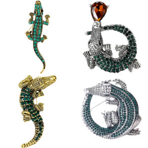 Rhinestone Crocodile Pin for Men Fish Brooches Crocodiles Lapel Pins Banquet Party Backpack Gifts Jewelry Accessories