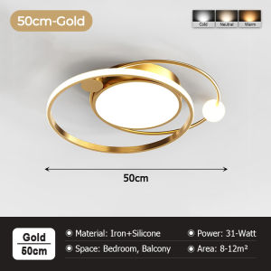 LANTU Modern Gold LED Ceiling Light Creative Circular Ring Shape 3‑Color Dimmable Ceiling Lamp Minimalist Surface Mount Lamp For Bedroom Guest Room Home Interior Lighting