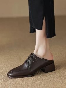 Handmade Leather Deep Mouth Single Shoes Womens Spring Autumn Versatile Square Head Thick Heel Loafers High Heels Brown Series