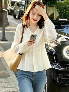 XUNYI | Áo Sơ Mi V-Neck Tay Ngắn Voan Ren Nhẹ