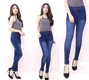 Celana jeans highwaist motif tulang pensil wanita cewek