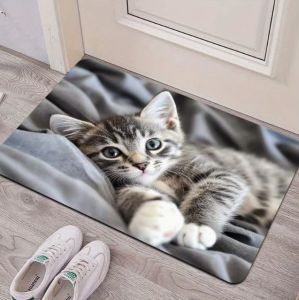 Charming Cat Carpet Lying on The Bed Mats in Game Rooms Bathrooms Kitchens and Living Rooms Machine Washable Polyester Carpet