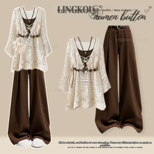NUMEN BUTTON | Bohemian Style Age-Defying Unique Lace See-Through Camisole Cover-up Casual Pants Three-Piece Set