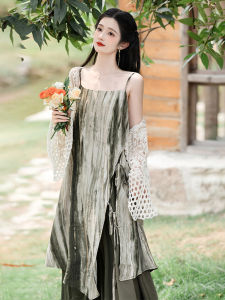 New Chinese Style High End Zen Cool National Wind Skirt Dyed Dress Women Summer A-Line Gown High Waist Sleeveless Long Dress
