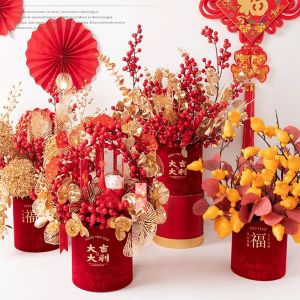RESIGH FASHION Chinese Characters Fake Flower Bucket Get Lucky Flannelcloth FU Bucket 2024 Festive Supplies Household Decoration Spring Festival