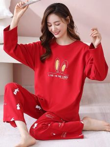 Plandoo Pure Cotton Pajamas Womens Autumn Winter Home Clothes Sweet Style Long Sleeve round Neck Two-Piece Set Rabbit Year
