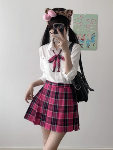 Váy Chữ a Xếp Ly Màu Đỏ Hồng Cho Học Sinh Váy Ngắn Phong Cách Nhật Bản Mùa Hè 2025 Váy Xếp Ly Polyester Cạp Cao Không Có Thương Hiệu