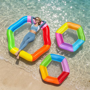 1pc Rainbow Hexagon Inflatable Pool Float with Mesh Seat Adult Water Hammock Lounger Summer Swimming Pool Floatie