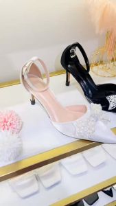 Giày cưới cao gót nữ 7cm HALEY STORE bít mũi nhọn quai đính min nơ ngọc đá xoàn tiểu thư công chúa cô dâu đi tiệc