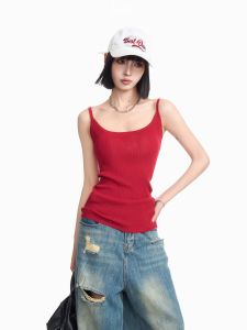 Áo Ba Lỗ Không Tay Màu Đỏ Phong Cách Mỹ Dành Cho Nữ Áo Sơ Mi Cơ Bản Mùa Xuân Thu Áo Ba Lỗ Không Tay Nhiều Chất Lượng Cao Cấp