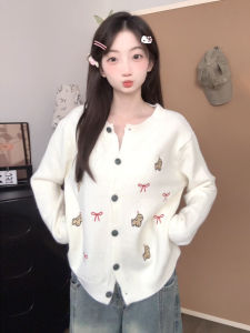 Ladies Lazy Style Knitted Cardigan Sweater Inner Wear Korean Fashion Autumn Winter Loose Fit Long Sleeve round Neck Button up