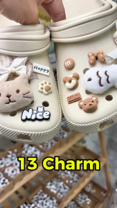 Bộ 13 CHARM STICKER - Mèo Nơ Nâu - Phụ kiện gắn giày dép lỗ nhựa cứng vải bông mềm sẵn nút gắn