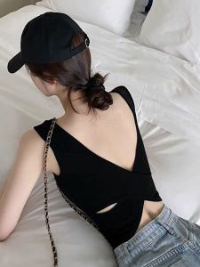 สีดำ Cross Back Bralette ผู้หญิง เสื้อกล้าม แผ่นรองหน้าอกแบบรวม เสื้อสายเดี่ยว ชุดชั้นใน ฤดูใบไม้ผลิ 2024 เรียบง่าย Pure Color เสื้อชั้นใน