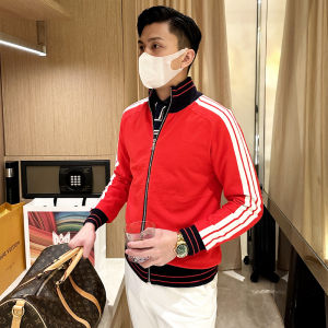 Áo Len Cardigan Dệt Kim Màu Đỏ Thời Trang Anh Quốc Cho Nam Mùa Thu Thường Ngày Kẻ Sọc Nửa Cao Khóa Kéo Dài Vừa Vặn