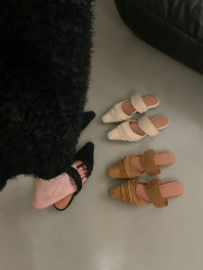 Low Heel French Style Black Headed Slippers Womens Spring Summer Lazy Single Shoes Fashion Mary Jane Flats PU Material