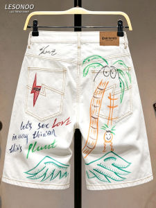 LIANSENNIAO | Quần Short Jean Trắng Phong Cách Graffiti Mỹ