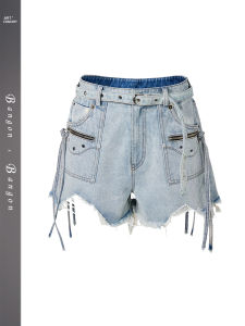 BANGON Retro Destroyed Motorcycle Jeans Shorts High Waist Casual Versatile Design Spring 2025 Womens Fashion Denim Shorts