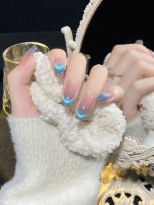 Dreamy Sea Blue Star Nail Art Dynamic Rhinestone Cats Eye Blue Dopaamine Finished False Nails Handmade Wearable Nails