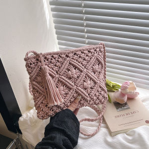 TANGKOU | Bohemian Style Woven Beach Bag Womens Crossbody Casual Straw Basket Summer Vacation Casual Handbag Soft Zipper Closure