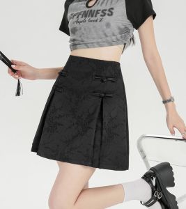 Chinese Style Pleated Skirt for Women High Waist Slimming A-Line Minimal Length Pleated Waistband Elastic Material