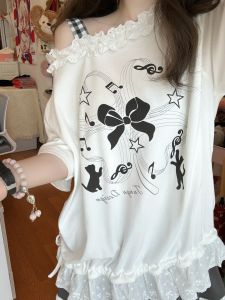 Sweet Original Print Short Sleeve Womens T-shirt Cotton Polyester Blend Summer Fashion Cute Cat Design Shoulder Bordered