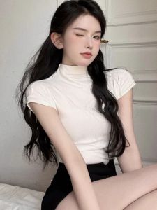 Womens Slim Fit Short Sleeve T-Shirt Half High Collar Base Shirt Waist Cinching Summer Pure Desire Short Style Spicy Top