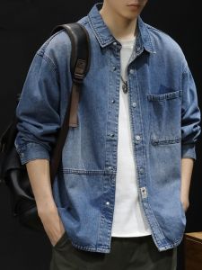Retro Japanese Style Mens Denim Jacket Loose Fit Long Sleeve Workwear Spring Autumn Casual Shirt Vintage Washed Outwear