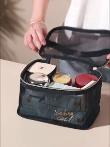 Makeup Bag Travel Cosmetic Pouch Black Mesh Toiletries Bag Large Capacity Portable Mesh Storage Bag