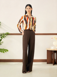 French Style Artistic Print Silk Stretch Heavy Crepe Color Block Shirt