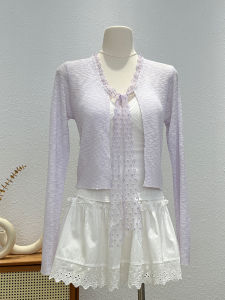 Áo Len Dệt Kim Cổ Chữ V Kiểu Pháp Đính Ren Dành Cho Nữ Đầu Xuân Mới Thanh Lịch Ôm Vừa Vặn Áo Khoác Ngoài Thời Trang Có Dây Thắt Lưng