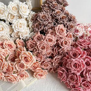 Premium 7-Head Embossed Cappuccino Rose Bouquet Simulation Flowers Wedding Decorative Fake Dry Flower Bouquet Luxurious Feeling