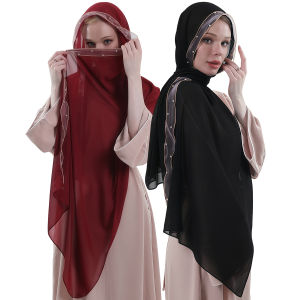 Jifang Pearl Beads Ribbon Plain Bubble Chiffon Shawl Manik Pashmina Hijab Head Wraps Scarf Raya Muslim Party Hijabs Tudung RR22