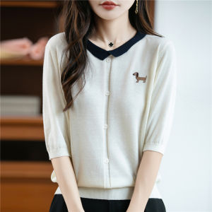 เสื้อเชิ้ตคอโปโลผู้หญิงผ้าขนสัตว์สีพื้นถักลำลองปักลายสูงสุด ทรงหลวม แขนยาว 5 นิ้ว ปกติ ฤดูหนาว 2025